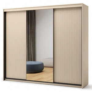 Szafa przesuwna z lustrem Trend 250 cm beżowa wyjątkowy design pojemna szafa do sypialni z oświetleniem LED stylowe ryflowane fronty