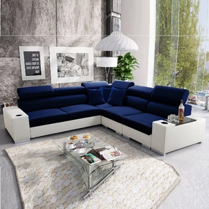 Narożnik z funkcją spania Provo III granatowy / biały prawostronny narożnik z pojemnikiem na pościel i regulowanymi zagłówkami