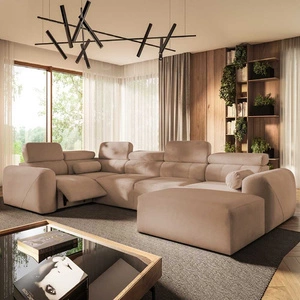 Narożnik z funkcją spania Cantare IV Lux łososiowy prawostronny starannie wykonany narożnik do salonu z podnoszonym podnóżkiem