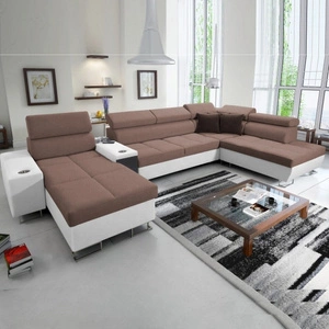 Narożnik z funkcją spania Dafni V jasny brąz / biały lewostronny pleciony wygodny i komfortowy narożnik z regulowanymi zagłówkami