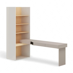 Biurko z regałem Woow 253 cm clay grey / szampański / dąb vincenza bielona prawe ergonomiczne biurko z szufladami oświetlenie LED