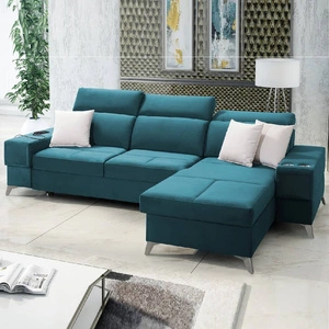 Narożnik z funkcją spania Elgin turkusowy prawostronny narożnik z regulowanymi zagłówkami praktyczne szuflady w boczkach mebla