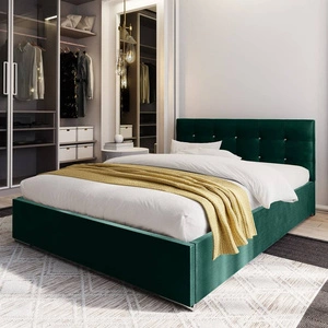Łóżko tapicerowane Mona 180x200 butelkowa zieleń z pojemnikiem w nowoczesnym skandynawskim stylu z pikowanym zagłówkiem z kryształkami