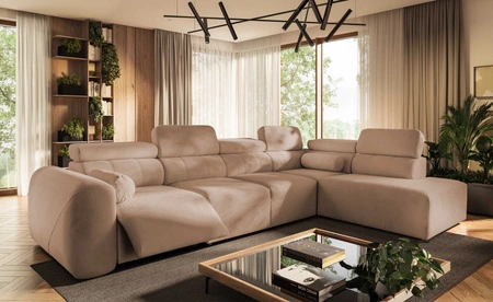 Narożnik z funkcją spania Cantare XI Lux łososiowy prawostronny komfortowy narożnik do salonu z podnoszonym podnóżkiem miękka tkanina