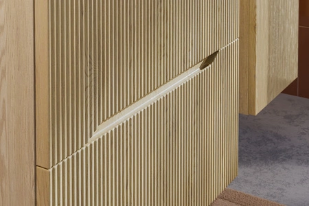 Zestaw mebli łazienkowych Nordic Cremona dąb cremona eleganckie szafki łazienkowe z ryflowaniami na frontach frezowane uchwyty