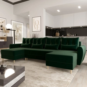 Narożnik z funkcją spania Rovigo U butelkowa zieleń elegancki i komfortowy narożnik w skandynawskiej formie duży pojemnik na pościel