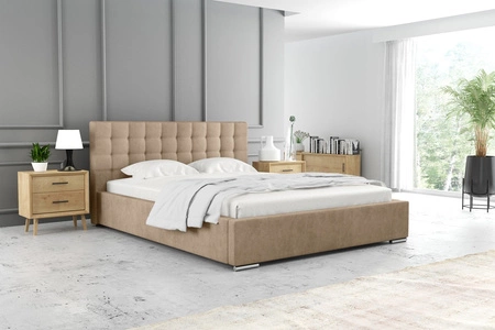 Łóżko tapicerowane Umiky 140x200 miodowe stylowe łóżko z pojemnikiem na pościel wygodny zagłówek zachwyca eleganckim designem