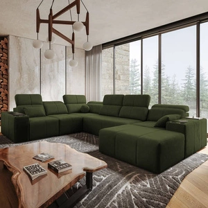 Narożnik z funkcją spania Tesalia VIII zielony prawostronny komfortowy narożnik do salonu z innowacyjną funkcją przesuwanego oparcia
