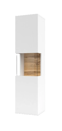 Witryna Ava 36 cm biała / dąb wotan elegancka witryna do salonu z możliwością powieszenia prosta bryła idealna do każdego wnętrza