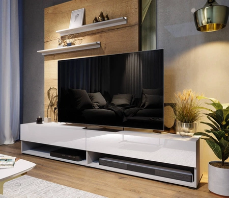 Szafka RTV Nea 180 cm biała / biały połysk z możliwością powieszenia i półkami stylowy design wpisujący się w każde wnętrze