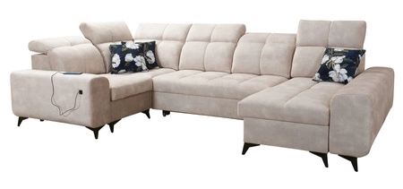 Narożnik z funkcją spania Buffalo IV kremowy prawostronny stylowy narożnik rozkładany z dwoma pojemnikami na pościel welurowa tkanina