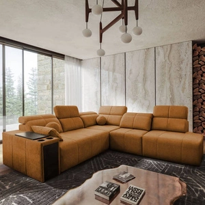 Narożnik z funkcją spania Tesalia IX miodowy prawostronny nowoczesny design komfortowe przesuwane oparcie szuflada w boczku mebla