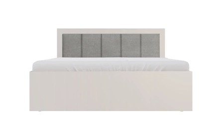 Zestaw mebli do sypialni Caspe beżowy geometryczne proste bryły o ponadczasowym designie czarne uchwyty komplet mebli z szafą