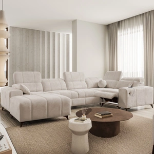 Narożnik z funkcją spania Penejos IV Lux beżowy lewostronny stylowy narożnik rozkładany z komfortowym wysuwanym podnóżkiem