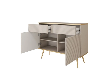 Komoda z szufladami Luxury 107 cm beżowa stylowa komoda z ryflowanymi frontami korpus zwieńczony złotą listwą złote metalowe nogi