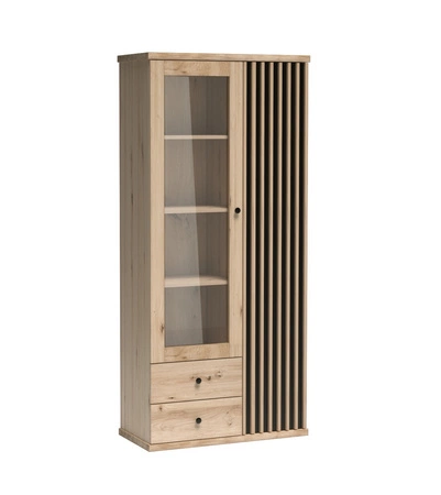 Zestaw mebli do salonu Cali dąb artisan / czarny meblościanka z ozdobnymi lamelami i czarnymi uchwytami