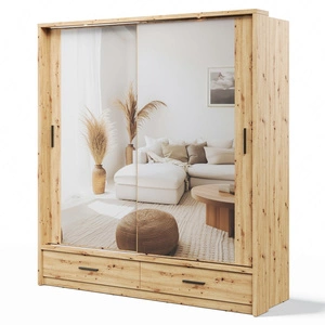 Szafa przesuwna z lustrem Arti 200 cm dąb artisan funkcjonalna szafa do przedpokoju z szufladami duże lustra podkreśla oświetlenie LED