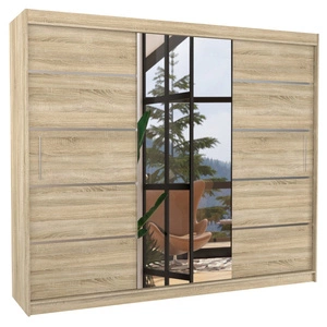 Szafa przesuwna z lustrem Salto 250 cm dąb sonoma jasny estetycznie wykonana szafa do sypialni ozdobne listwy na frontach nadają stylu
