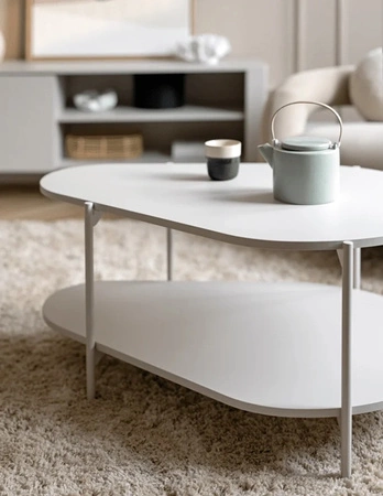 Stolik kawowy Malumi beżowy designerski stolik oryginalna forma o zaokrąglonych krawędziach dwupoziomowa konstrukcja