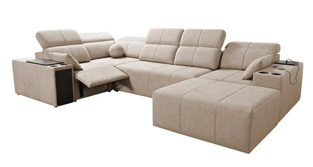 Narożnik z funkcją spania Tesalia IV Lux niebieski prawostronny stylowy narożnik z wysuwanym podnóżkiem oraz funkcją przesuwanego oparcia