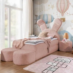 Łóżko kontynentalne Beti Plus 100x200 różowe uroczy unikatowy zagłówek w kształcie króliczka łózko z szafkami nocnymi i pufami