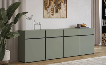 Komoda z szufladami Cross 225 cm zielona prosta forma w nowoczesnym wydaniu idealna komoda do salonu lub sypialni geometryczny kształt