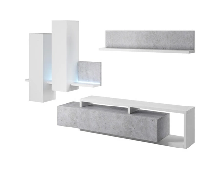 Meblościanka Bota biały / beton colorado innowacyjny design asymetryczne bryły meblościanki stanowią połączenie funkcjonalności z nowoczesnością