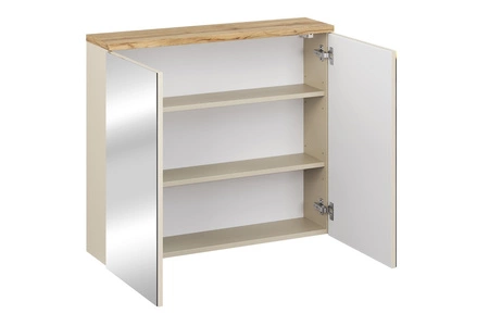 Szafka łazienkowa wisząca z lustrem Bali 80 cm beżowy / dąb wotan elegancka i nowoczesna szafka o minimalistycznej konstrukcji