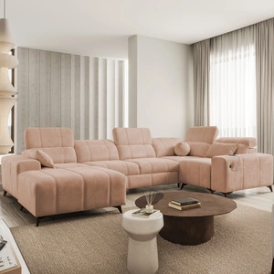 Narożnik z funkcją spania Penejos IV łososiowy lewostronny stylowy narożnik rozkładany z dwoma pojemnikami na pościel trwała tkanina