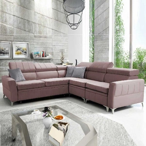 Narożnik z funkcją spania Rava IV lawendowy róż prawostronny velvet komfort podczas codziennego wypoczynku pojemnik na pościel