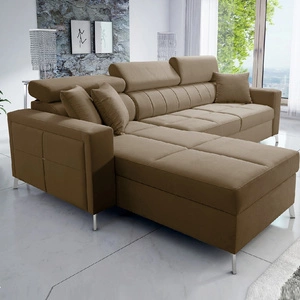 Narożnik z funkcją spania Nausa jasny brąz lewostronny velvet stylowy komfortowy narożnik regulowane zagłówki pojemnik na pościel