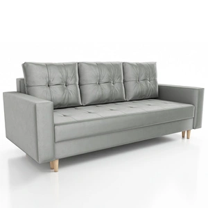 Kanapa rozkładana Vaso jasny szary wygodna sofa do salonu w stylu skandynawskim drewniane wysokie nogi pojemnik na pościel