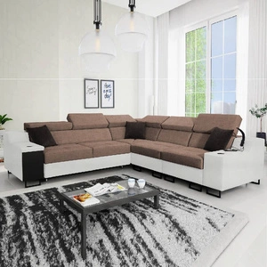 Narożnik z funkcją spania Alcamo III jasny brąz / biały prawostronny funkcjonalny narożnik z szufladą w boczku dwa pojemniki na pościel