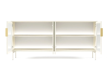 Komoda Lumi 181 cm beżowa nowoczesna komoda o prostym kształcie oryginalne fronty z hartowaną szybą ornamentową metalowe uchwyty