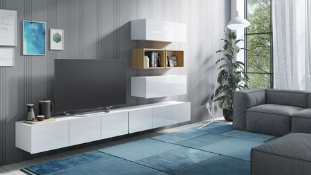 Meblościanka Apulia XXVII biały połysk / dąb złoty wyjątkowo stylowa meblościanka proste bryły wpisujące się w każde wnętrze