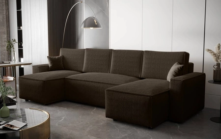 Narożnik z funkcją spania Nelo U brązowy komfortowy i nowoczesny narożnik z pojemnikiem na pościel sztruksowa prążkowana tkanina