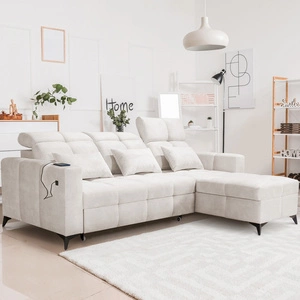 Narożnik z funkcją spania Laredo kremowy prawostronny komfortowy i stylowy narożnik rozkładany z pojemnikiem na pościel