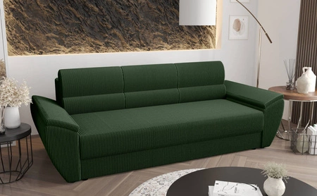 Kanapa rozkładana Fogu Bis zielona stylowa sofa z komfortowymi podłokietnikami sztruksowa tkanina obiciowa pojemnik na pościel
