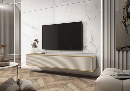 Szafka RTV wisząca Luxury 175 cm beżowa stylowy ryflowany front korpus zwieńczony złotą listwą zachwyci miłośników eleganckich aranżacji
