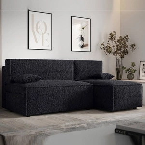 Narożnik z funkcją spania Brandon czarny prawostronny miękka tkanina o charakterystycznej pętelkowej powierzchni pojemnik na pościel