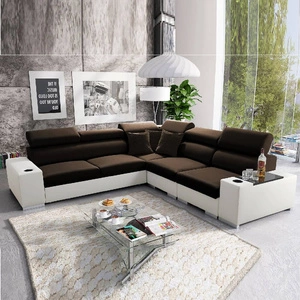 Narożnik z funkcją spania Provo III brązowy / biały prawostronny narożnik z pojemnikiem na pościel i regulowanymi zagłówkami