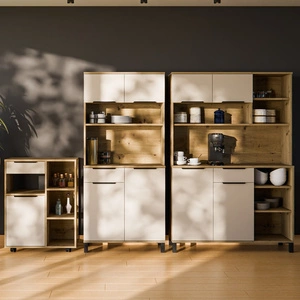 Zestaw mebli kuchennych Soela 270 cm dąb artisan / beżowy zestaw z szafką na kółkach idealne do aranżacji małego aneksu kuchennego