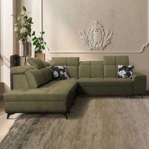 Narożnik z funkcją spania Buffalo IX oliwkowy lewostronny stylowy narożnik do pokoju wykonany z welurowej tkaniny ozdobne poduszki