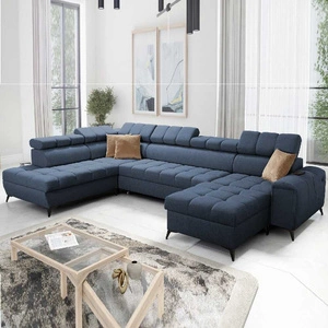 Narożnik z funkcją spania Bolmso VI niebieski prawostronny wygodny narożnik z regulowanymi zagłówkami dekoracyjne pikowania na siedzisku