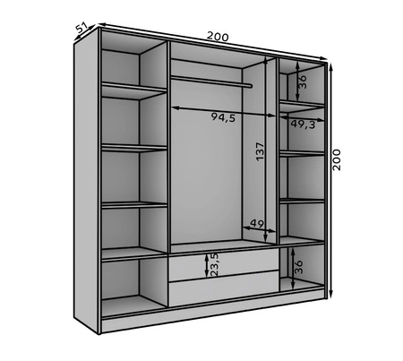 Szafa z lustrem Neri 200 cm czarna stylowe lamele zdobiące drzwi szafy pojemne szuflady uchwyty krawędziowe
