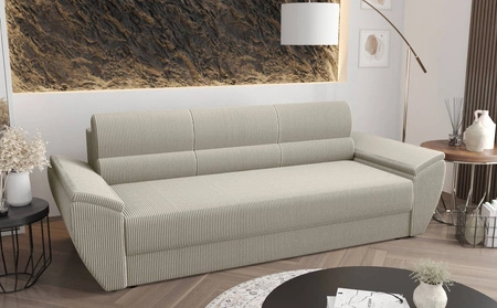 Kanapa rozkładana Fogu Bis kość słoniowa stylowa sofa z komfortowymi podłokietnikami sztruksowa tkanina obiciowa pojemnik na pościel