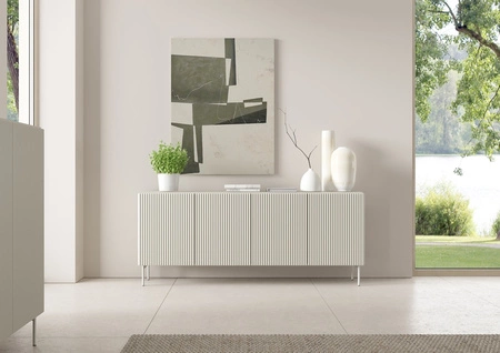 Komoda Muti 195 cm beżowa nowoczesna komoda o prostym kształcie oryginalny design efektowne ryflowanie na frontach i korpusie