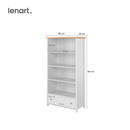 Regał Story 85 cm biały / dąb nash oryginalna bryła w stonowanej kolorystyce doskonały regał do pokoju młodzieżowego pojemna szuflada