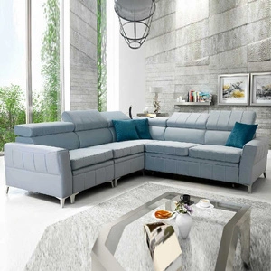 Narożnik z funkcją spania Rava IV błękitny lewostronny velvet komfort podczas codziennego wypoczynku pojemnik na pościel