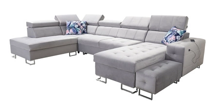 Narożnik z funkcją spania Hampton VI kwarcowy róż prawostronny funkcjonalny narożnik do salonu z ruchomą dostawką oraz półką